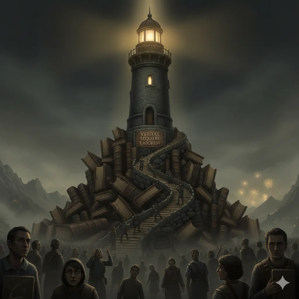 Veritas Requiere Laborem - El faro del conocimiento sobre la montaña de libros